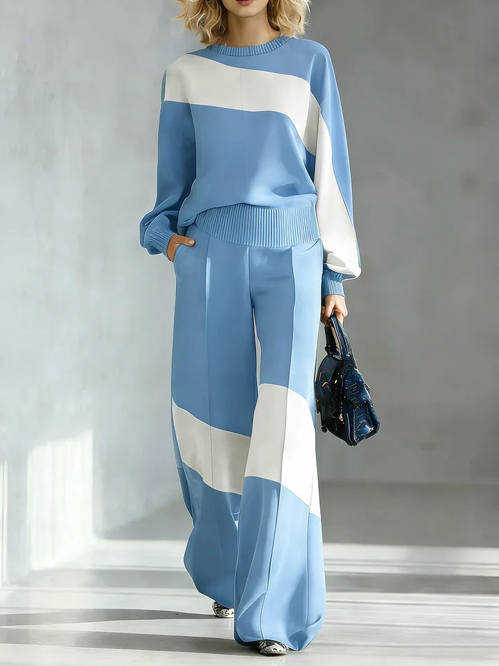 Women's Color-block Round Neck Long-sleeved Casual Loose Wide-leg Pants Knitted Set