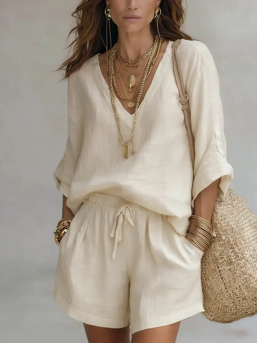 Women's V-neck Shorts Simple Set