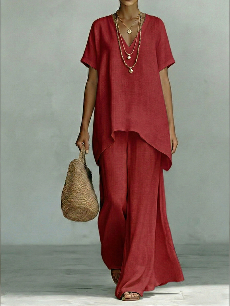 Classic Casual Short-sleeved Linen And Cotton Top And Wide-leg Pants Two-piece Set