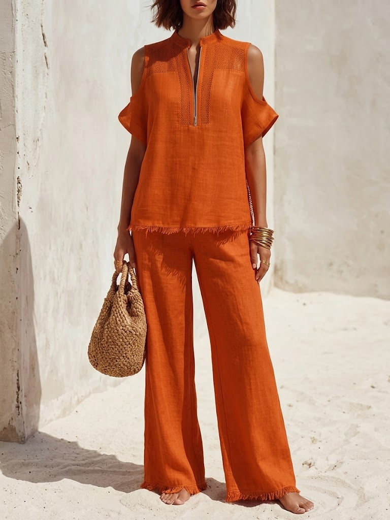 Women's Off-shoulder Cotton Linen Vacation Set
