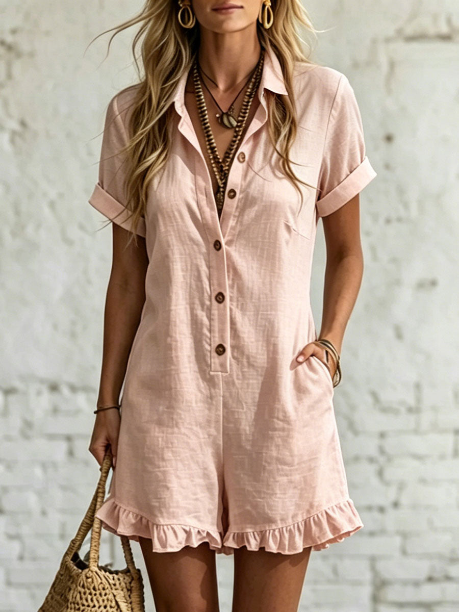 Women's Short-sleeve Shirt Romper â Pleated Cotton-linen Jumpsuit