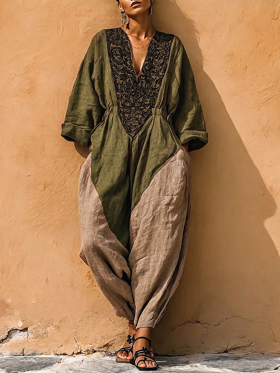 Women's V-neck Long-sleeve Casual Loose Cotton-linen Jumpsuit With Contrast Print