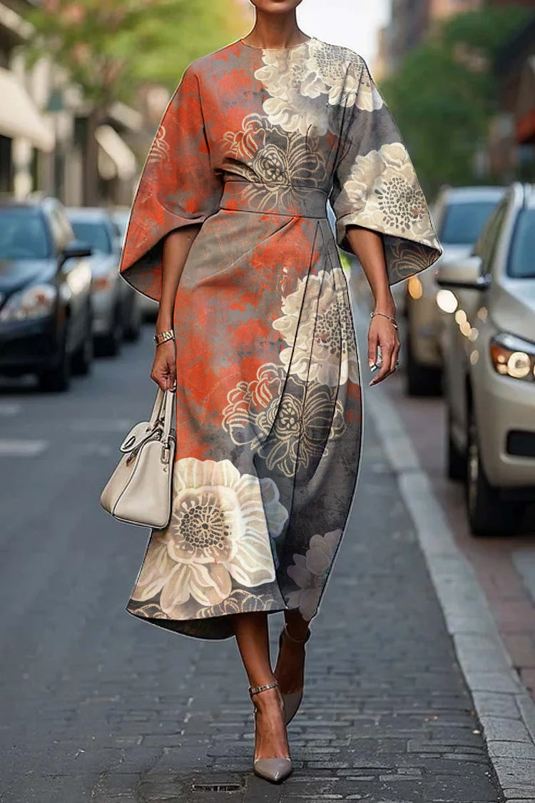Women's Vintage Elegant Japanese Floral Print Midi Dress