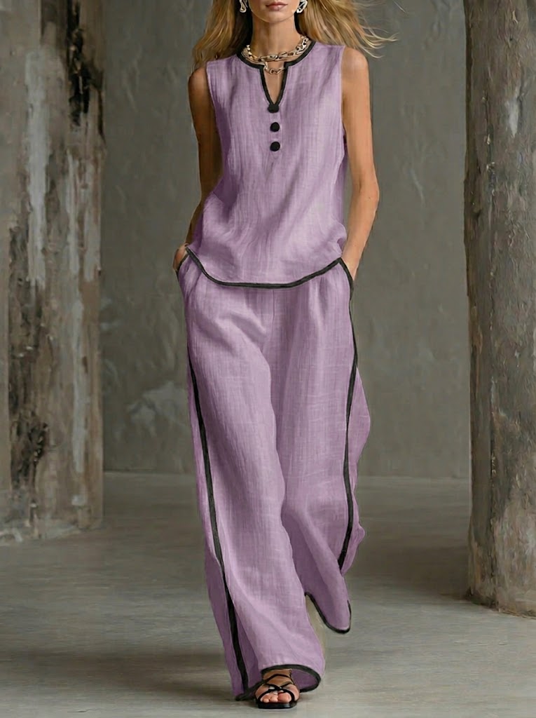 Cozy Black-trimmed Linen And Cotton Sleeveless Top And Pants Two-piece Set