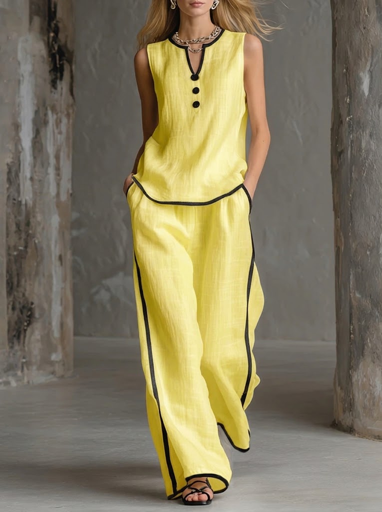 Cozy Black-trimmed Linen And Cotton Sleeveless Top And Pants Two-piece Set