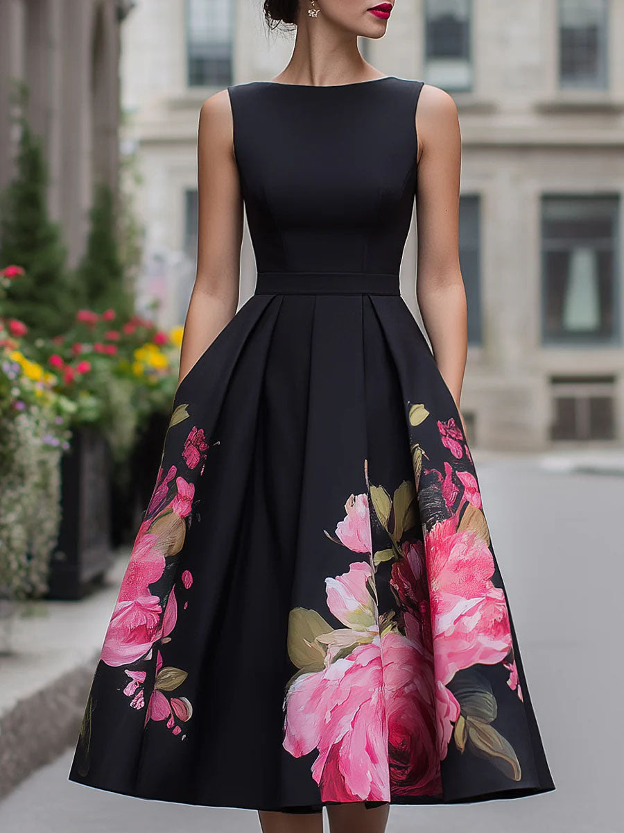 Women's Crew Neck Sleeveless Loose-fit A-line Dress With Placement Print