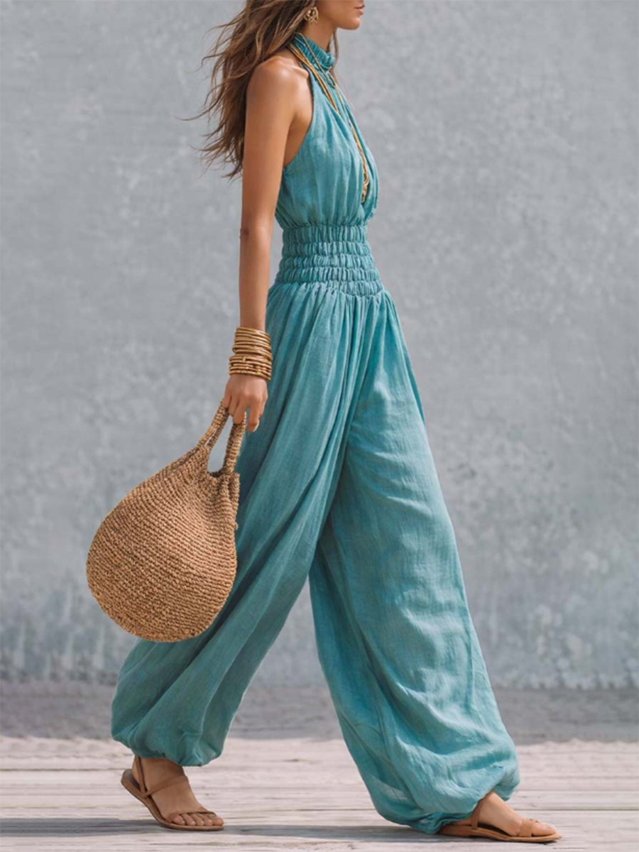 Retro Halter-neck Elasticized Waist Jumpsuit