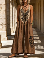 Boho Loose Jumpsuit And Cardigan Linen Cotton Jtwo-piece Set