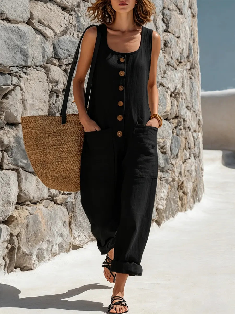 Women's Casual Simple Country Style Cotton Linen Jumpsuit