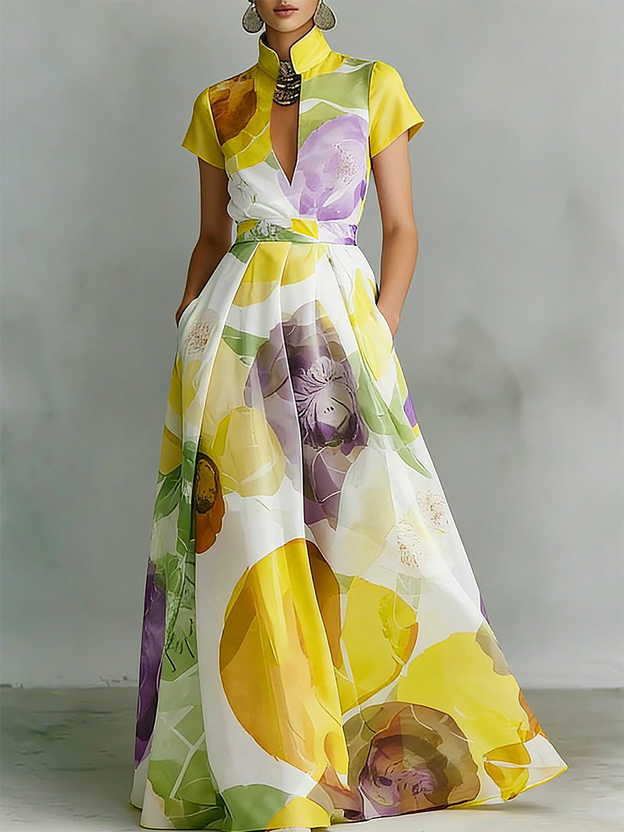 Elegant Stand-collar Floral Print Maxi Dress