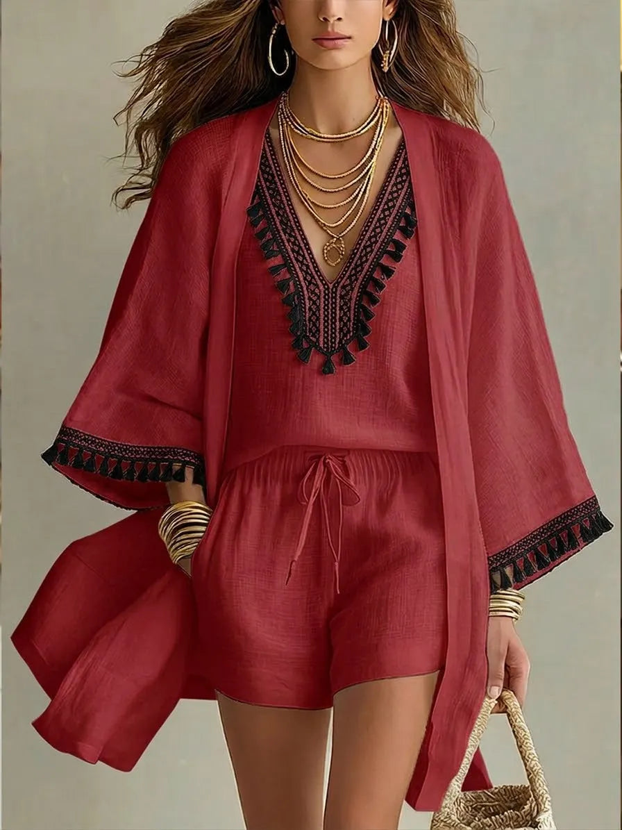 Casual Bohemian Linen And Cotton Cardigan, Sleeveless Top, And Shorts Three-piece Set