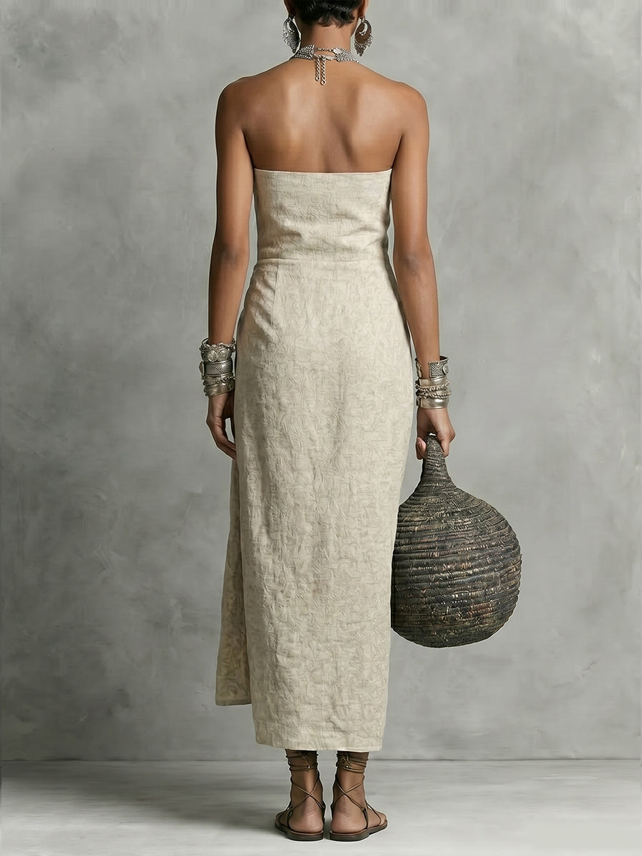 Women's Elegant Strapless Ruched Linen Cotton Dress