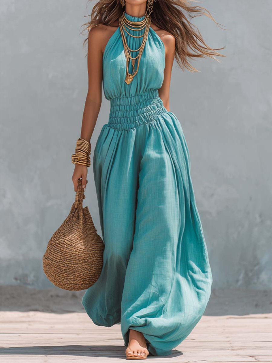 Retro Halter-neck Elasticized Waist Jumpsuit