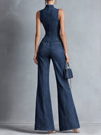 Casual Zipper Sleeveless Denim Flared Jumpsuit