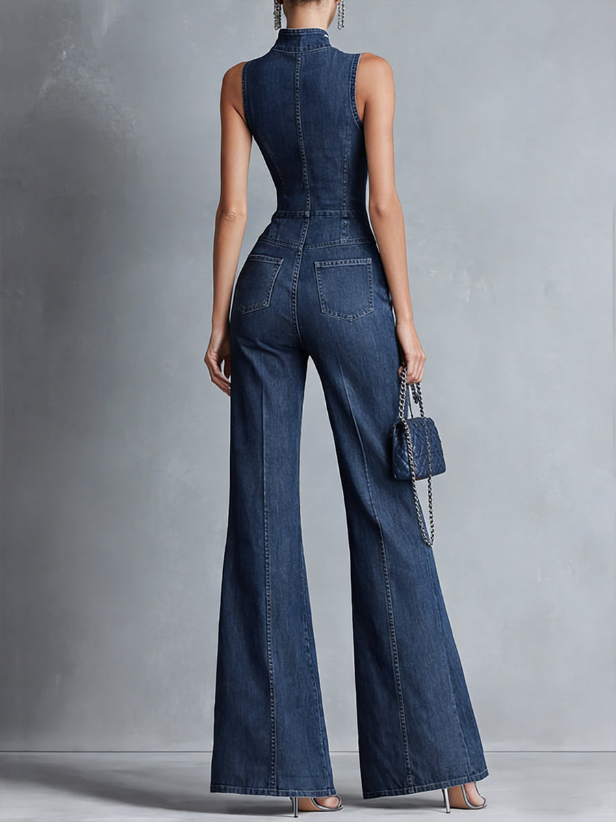 Casual Zipper Sleeveless Denim Flared Jumpsuit