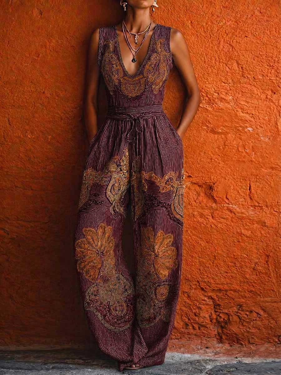 Women's V-neck Sleeveless Casual Loose Retro Striped Cotton-linen Wide-leg Jumpsuit