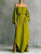 Women's Casual Cotton-linen Two-piece Set: Off-shoulder Top And Asymmetrical Skirt