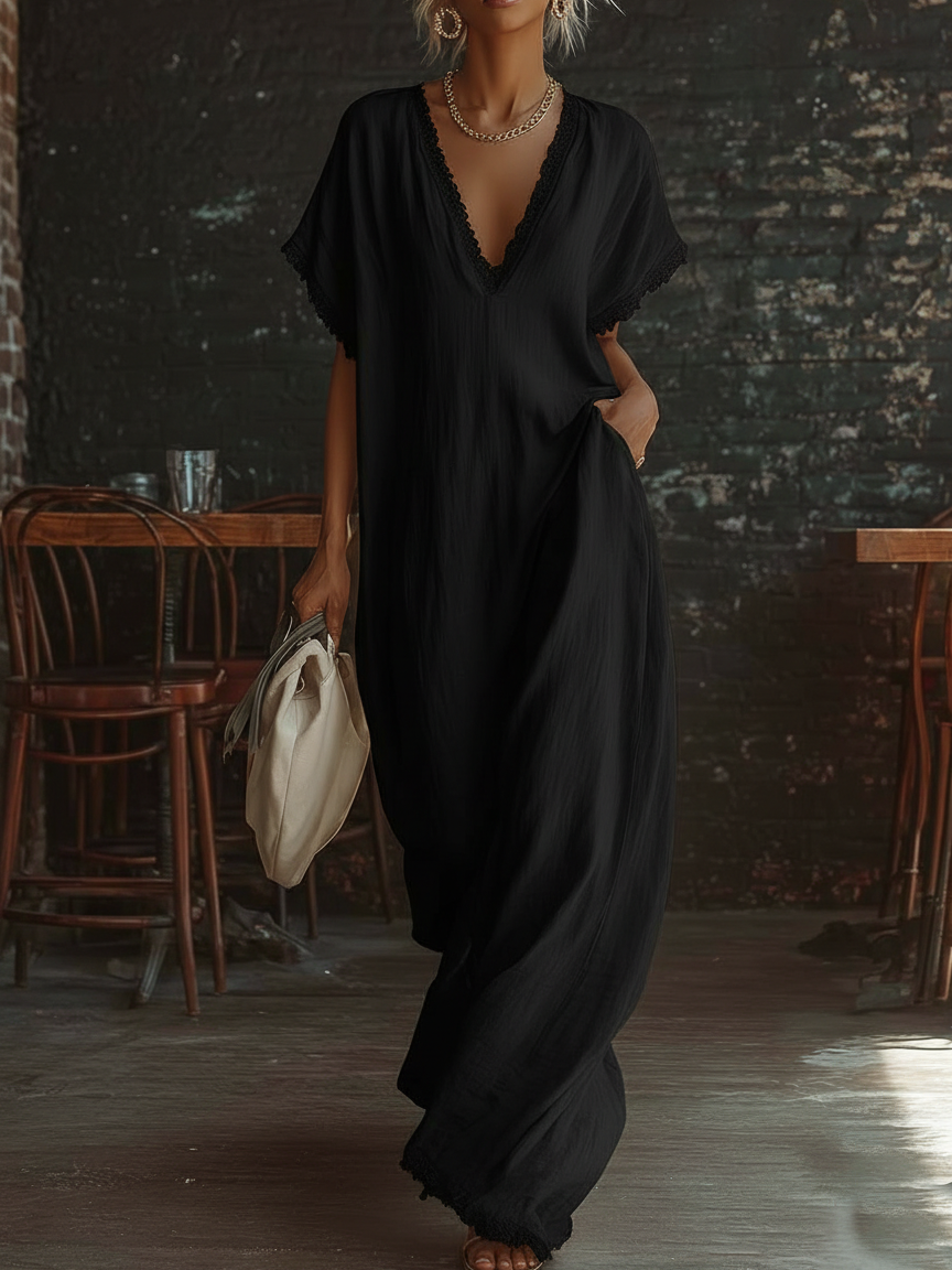 Elegant Cozy Lace-trimmed Loose Linen-cotton Maxi Dress