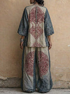 Women's Vintage-print V-neck 3/4-sleeve Loose-fit Cotton-linen Top & High-waisted Wide-leg Pants Set