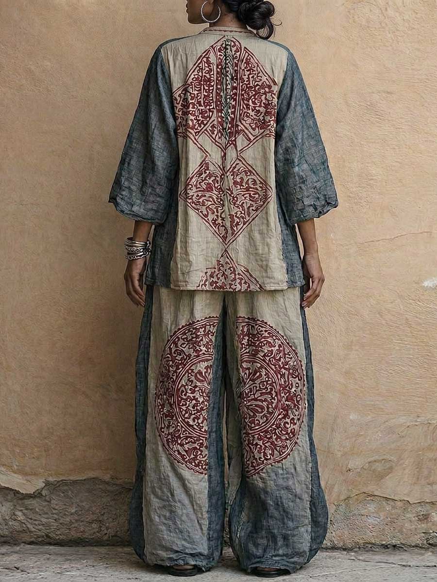 Women's Vintage-print V-neck 3/4-sleeve Loose-fit Cotton-linen Top & High-waisted Wide-leg Pants Set