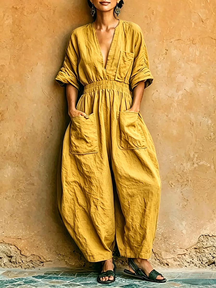 Women's Solid-color V-neck 3/4-sleeve Casual Loose Cotton-linen Wide-leg Jumpsuit