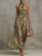 Elegant Vacation Party Floral Halter Dress