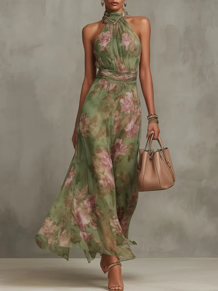 Elegant Vacation Party Floral Halter Dress