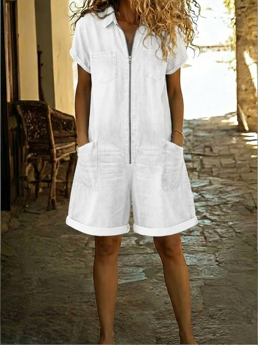 Casual Zip-up Denim Jumpsuit Shorts