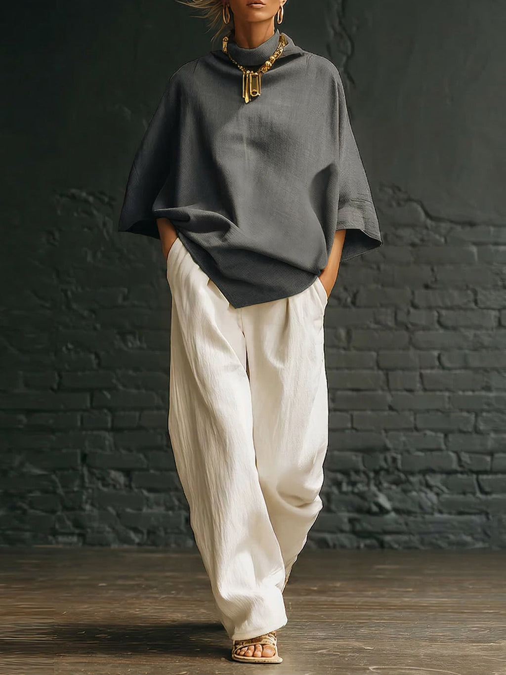 Elegant High-neck Batwing Sleeve Shirt And Wide-leg Cotton-linen Two-piece Set