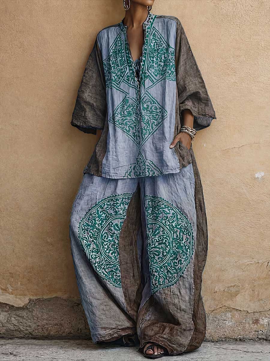Women's Vintage-print V-neck 3/4-sleeve Loose-fit Cotton-linen Top & High-waisted Wide-leg Pants Set