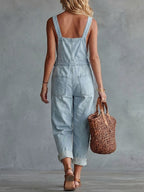 Women's Retro Square-neck Front-zip Denim Jumpsuit