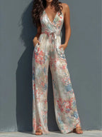 Women's Vintage Print V-neck Jumpsuit