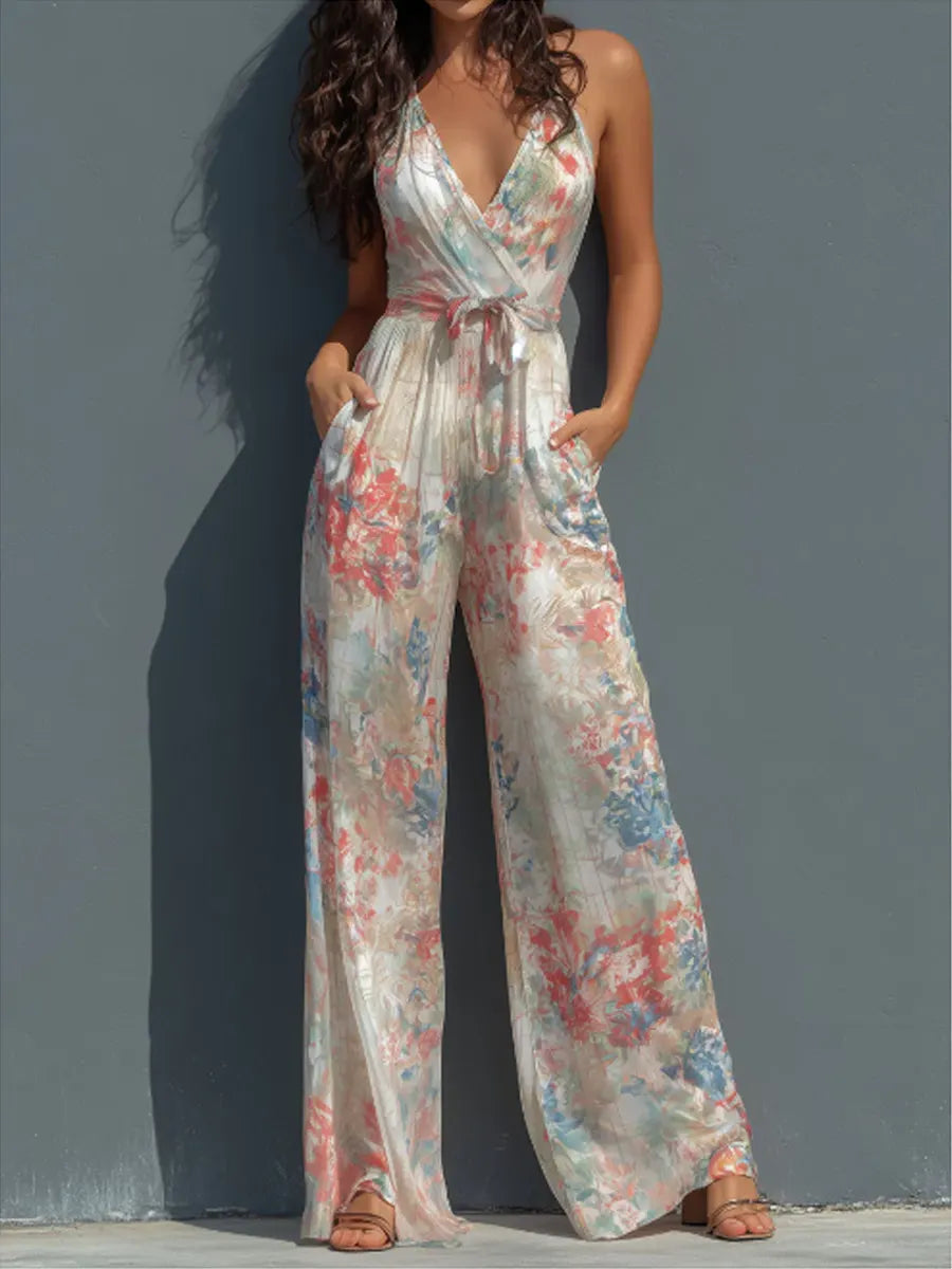 Women's Vintage Print V-neck Jumpsuit