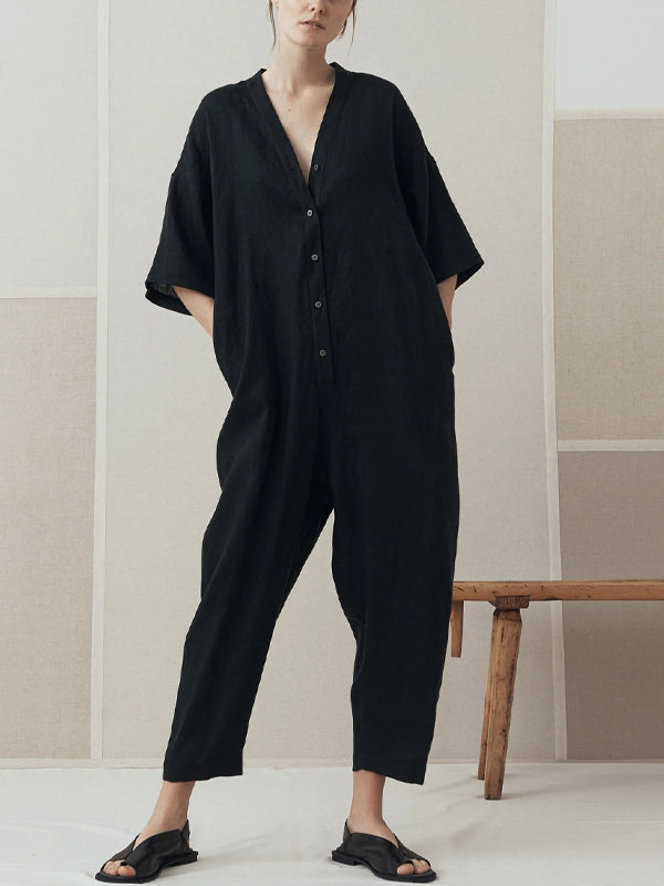 V-Neck Cotton And Linen Solid Color Jumpsuit