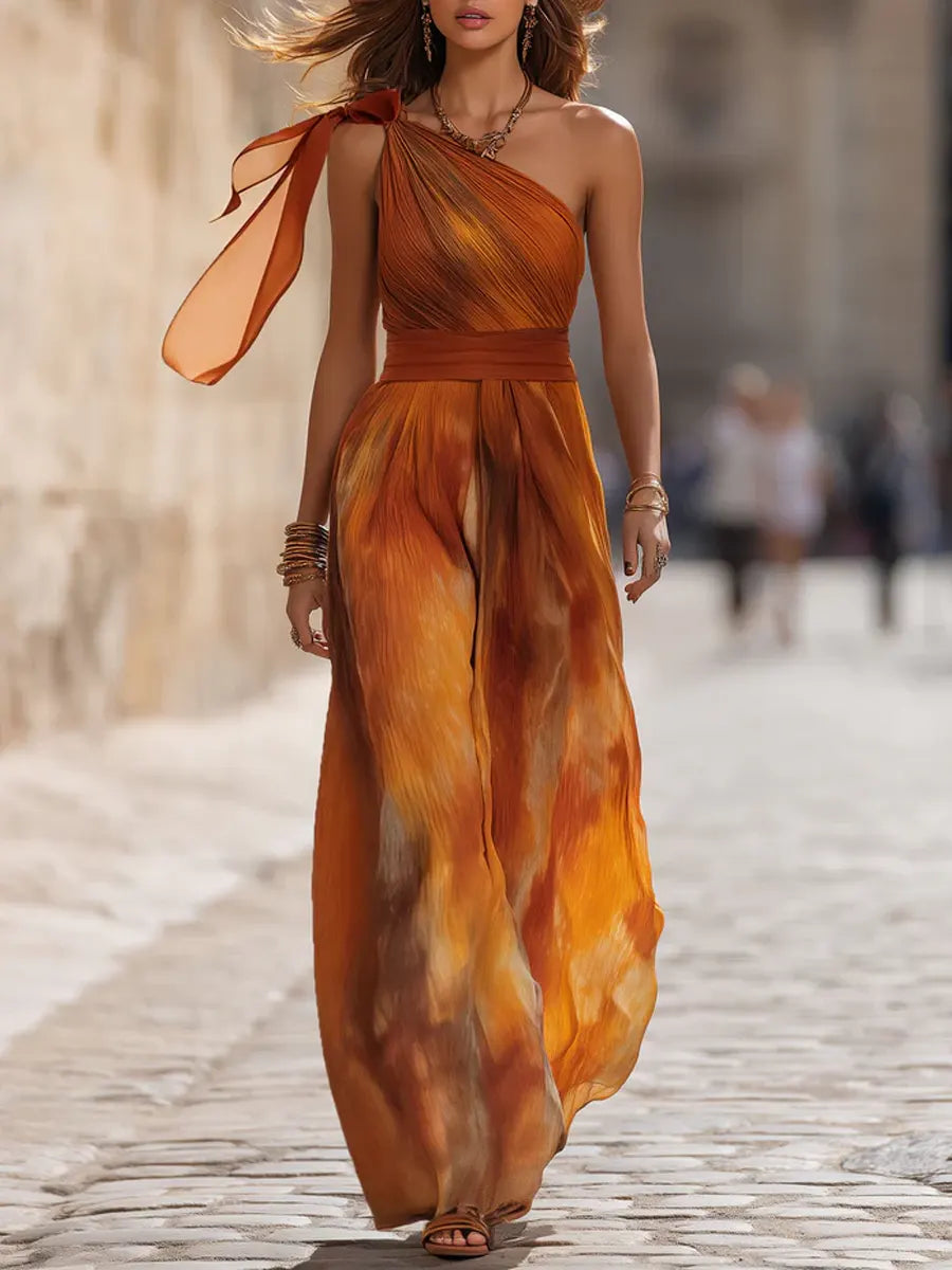 Gradient One-shoulder Sash Jumpsuit