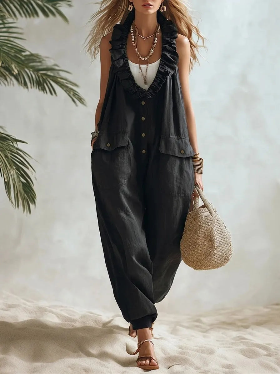 Casual Linen And Cotton Ruffled Collar Jumpsuit