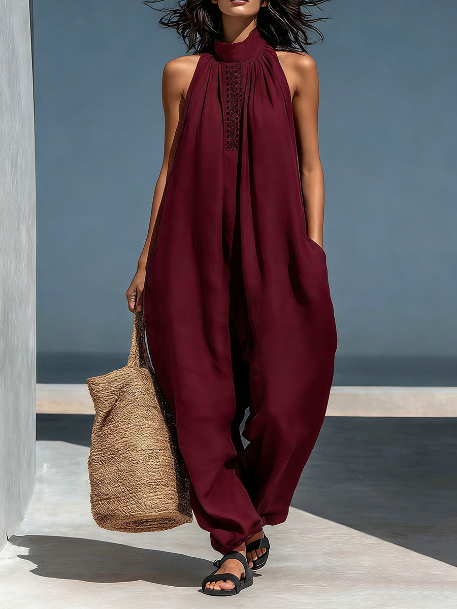 Women's Stand-up Collar Sleeveless Casual Loose Cotton And Linen Wide-leg Jumpsuit