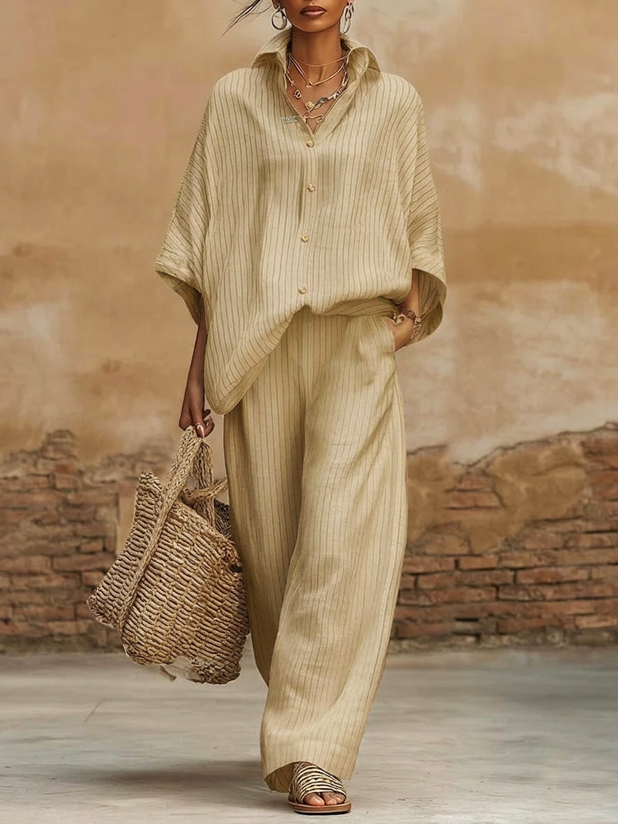 Elegant Classic Striped Shirt And Wide-leg Pants Two-piece Set