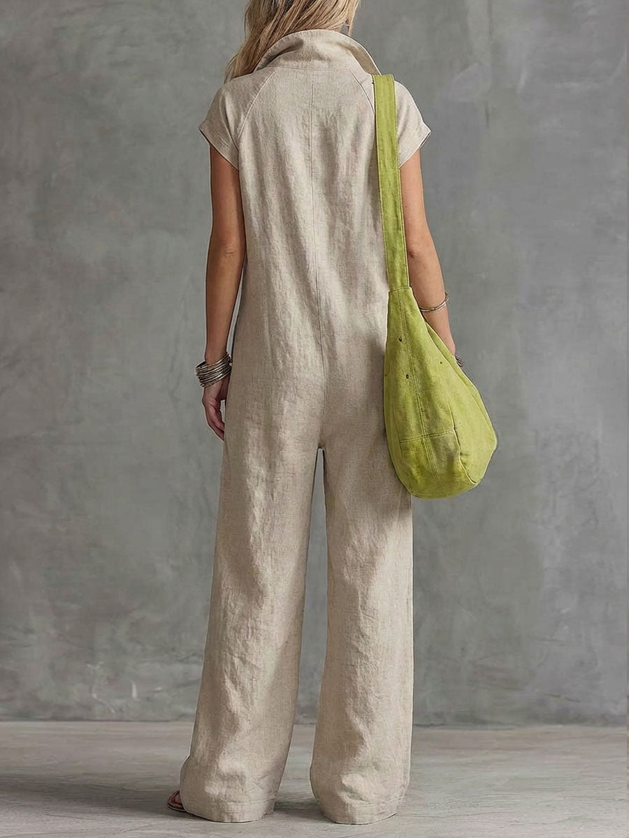 Women's Solid-color Lapel Short-sleeve Casual Loose Cotton-linen Wide-leg Jumpsuit
