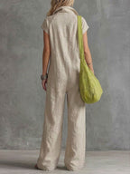 Women's Solid-color Lapel Short-sleeve Casual Loose Cotton-linen Wide-leg Jumpsuit