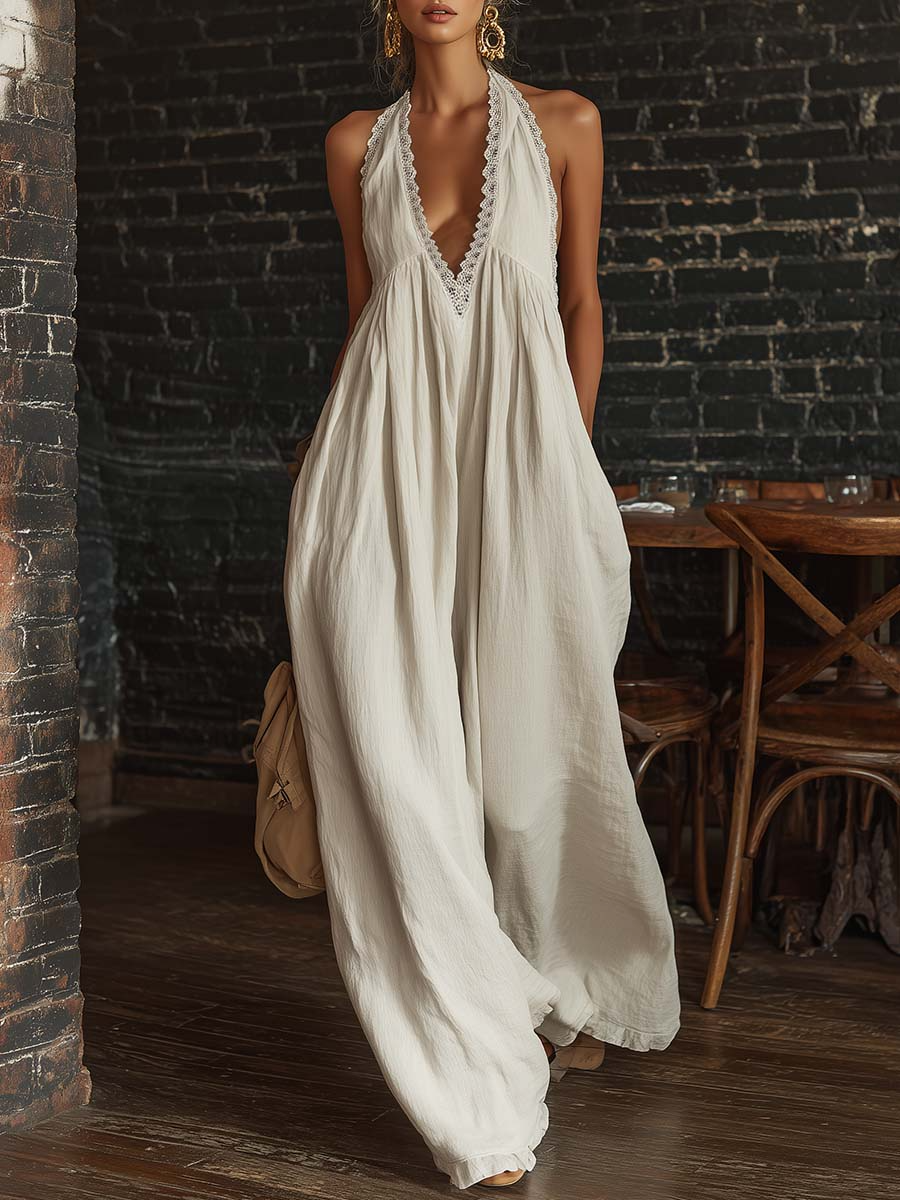 Elegant And Sexy Lace V-neck Cotton And Linen Jumpsuit