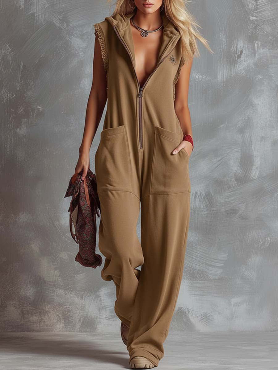 Women's Solid Color Sleeveless Casual Loose Hooded Cotton Wide-leg Jumpsuit