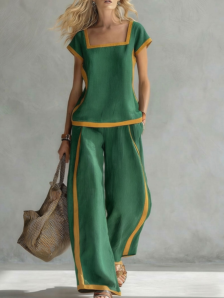 Women's Square Neck Short Sleeve Casual Loose Top High Waist Casual Loose Wide Leg Pants Cotton Linen Set