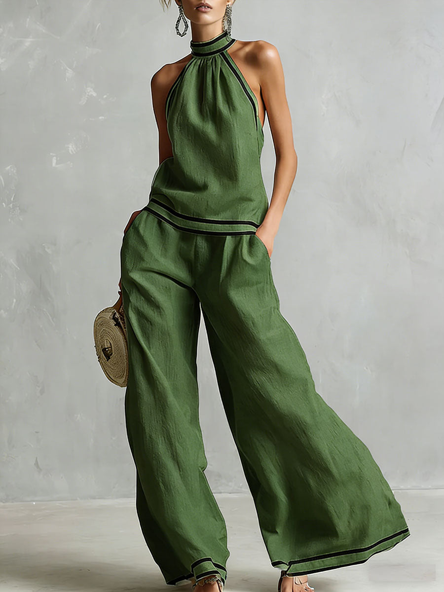 Women's Stand-up Collar Sleeveless Casual Loose Cotton And Linen Top With Elastic Waist And Wide-leg Pants Cotton And Linen Set