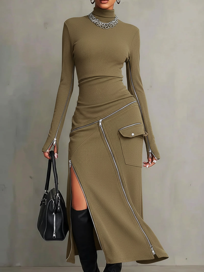 Stylish Casual Zipper Design Tops And Irregular Skirt Stretch Set