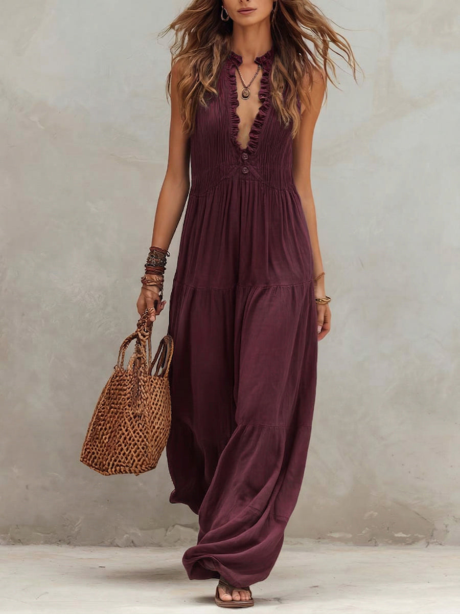 Sexy Ruffled Deep V-neck Jumpsuit
