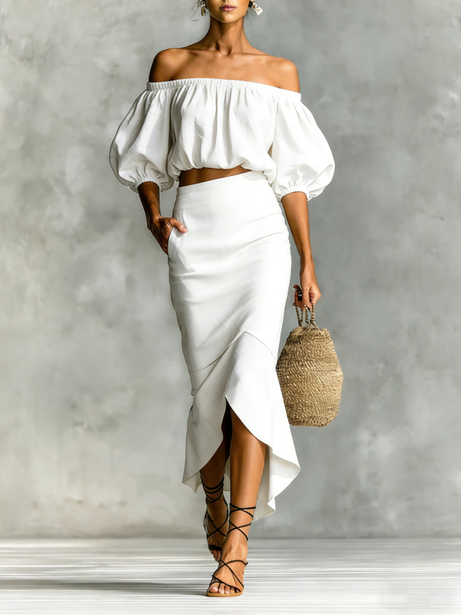 Women's Minimalist Cotton-linen Blend Off-shoulder Skirt Set