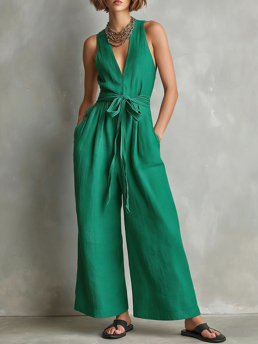 Women's Solid-color V-neck Sleeveless Casual Loose Cotton-linen Wide-leg Jumpsuit
