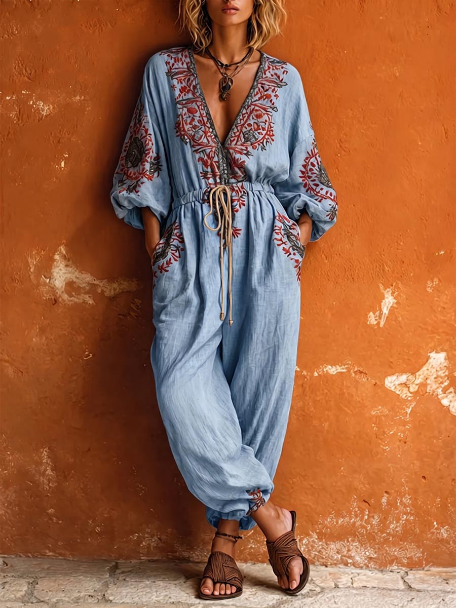 Women's V-Neck Long-Sleeve Casual Loose Cotton-Linen Jumpsuit with Placement Print