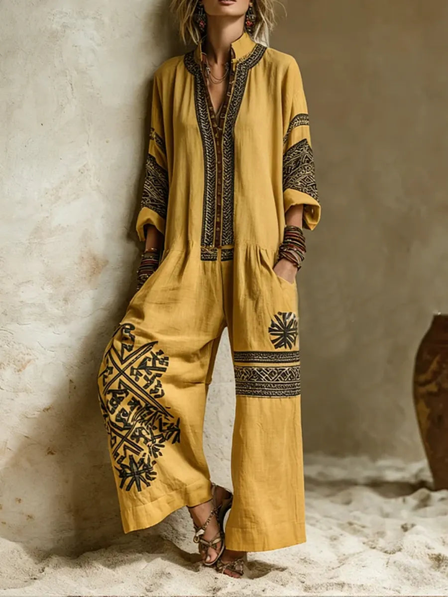 Bohemian Print Jumpsuit And Cardigan Two-piece Set